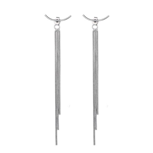 925 Sterling Silver Thin Long Chain Tassel Drop Bar Earrings - Picture 4 of 5